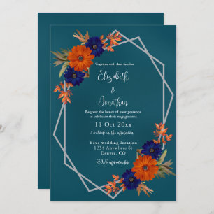 Rustic Autumn Orange Navy Blue Floral Engagement Invitation