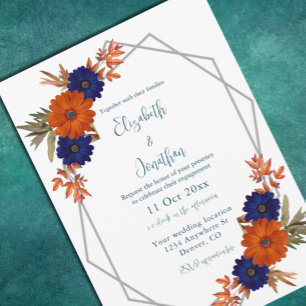 Rustic Autumn Orange Navy Blue Floral Engagement Invitation