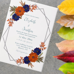 Rustic Autumn Orange Navy Blue Floral Engagement Vellum Invitations