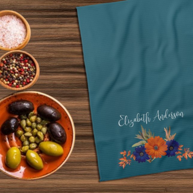 Rustic Autumn Orange Navy Blue Floral Kitchen Towel (Creator Uploaded)
