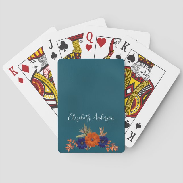 Rustic Autumn Orange Navy Blue Floral Poker Cards (Back)