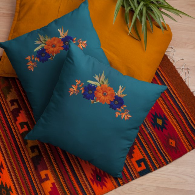 Rustic Autumn Orange Navy Blue Floral Throw Pillow (Creator Uploaded)