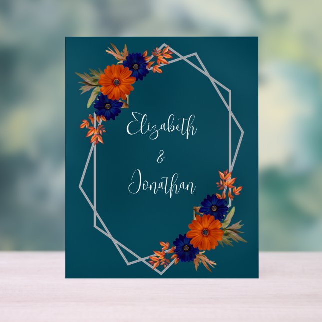 Rustic Autumn Orange Navy Blue Floral Wedding Acrylic Sign (Neutral)