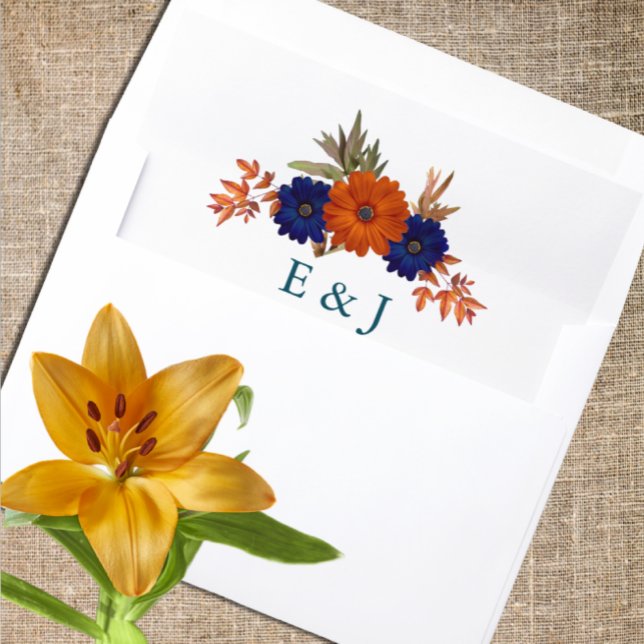 Rustic Autumn Orange Navy Blue Floral Wedding Envelope Liner (Creator Uploaded)