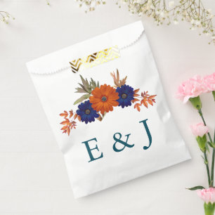 Rustic Autumn Orange Navy Blue Floral Wedding Favor Bag