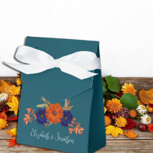 Rustic Autumn Orange Navy Blue Floral Wedding Favor Boxes