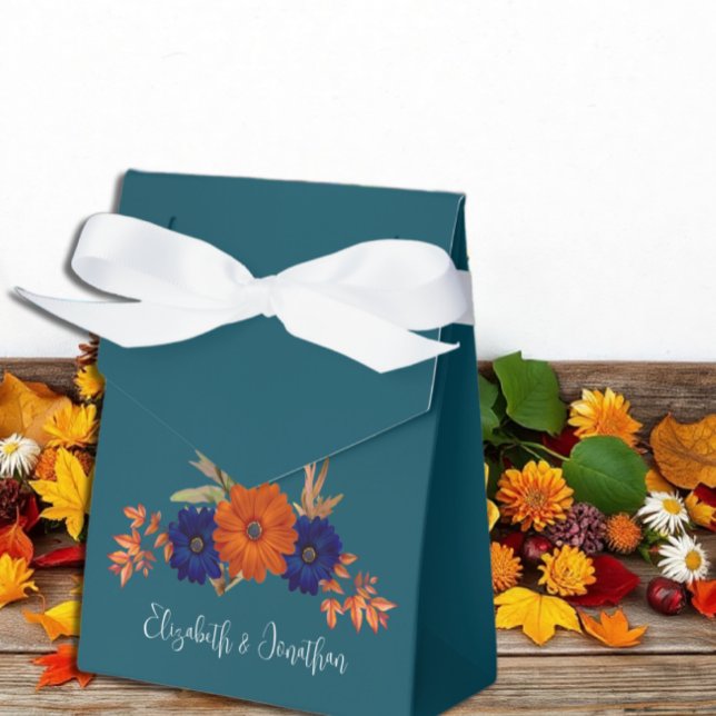 Rustic Autumn Orange Navy Blue Floral Wedding Favor Boxes (Creator Uploaded)
