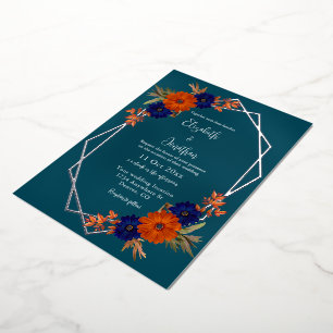 Rustic Autumn Orange Navy Blue Floral Wedding Foil Invitation