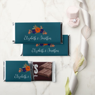Rustic Autumn Orange Navy Blue Floral Wedding Hershey Bar Favors