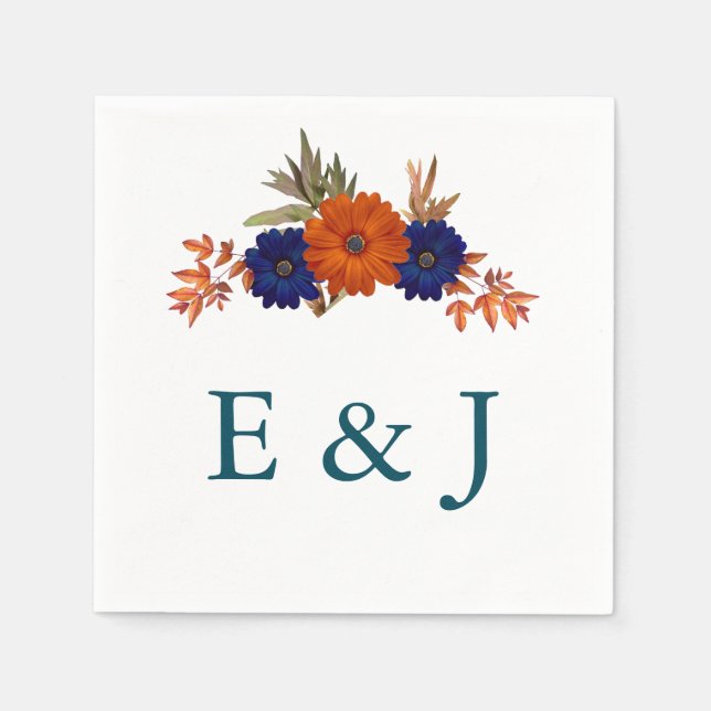 Rustic Autumn Orange Navy Blue Floral Wedding Napkins (Front)