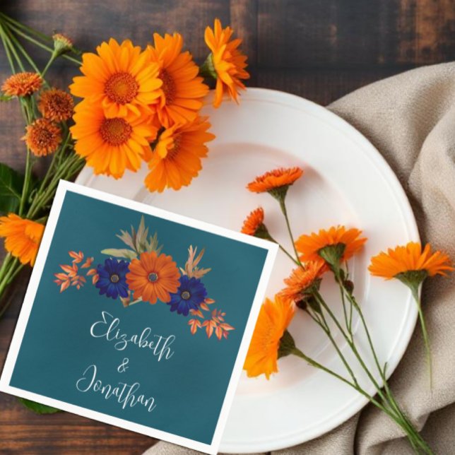 Rustic Autumn Orange Navy Blue Floral Wedding Napkins (Creator Uploaded)