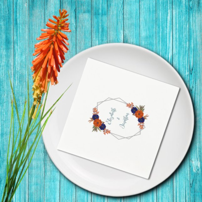 Rustic Autumn Orange Navy Blue Floral Wedding Paper Guest Towels (Creator Uploaded)