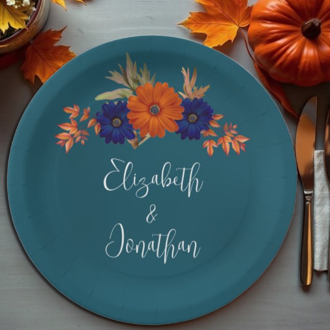 Rustic Autumn Orange Navy Blue Floral Wedding Paper Plates (Creator Uploaded)