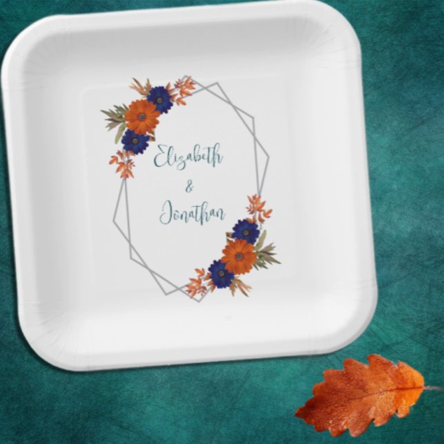 Rustic Autumn Orange Navy Blue Floral Wedding Paper Plates (Creator Uploaded)