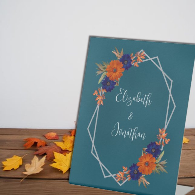 Rustic Autumn Orange Navy Blue Floral Wedding Pedestal Sign (Creator Uploaded)