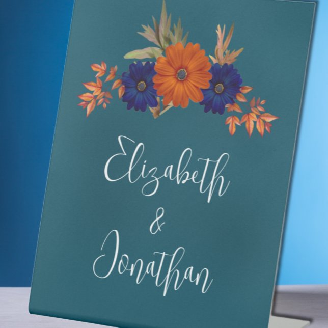 Rustic Autumn Orange Navy Blue Floral Wedding Pedestal Sign (Creator Uploaded)