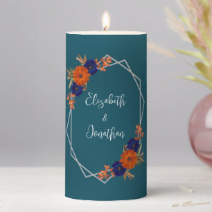 Rustic Autumn Orange Navy Blue Floral Wedding Pillar Candle