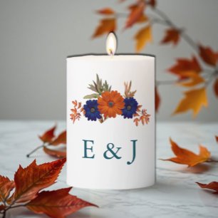 Rustic Autumn Orange Navy Blue Floral Wedding Pillar Candle