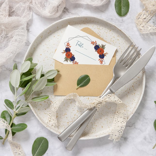 Rustic Autumn Orange Navy Blue Floral Wedding Place Card (Creator Uploaded)