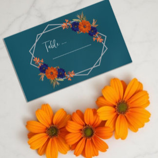 Rustic Autumn Orange Navy Blue Floral Wedding Place Card