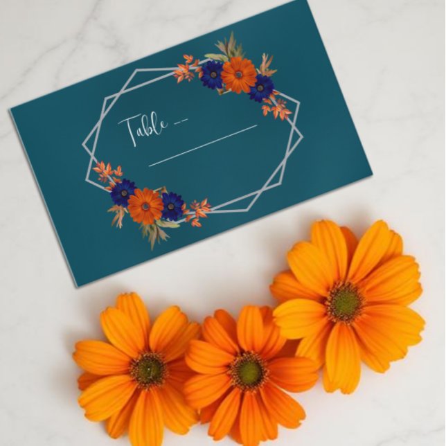 Rustic Autumn Orange Navy Blue Floral Wedding Place Card (Creator Uploaded)