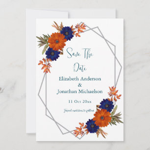 Rustic Autumn Orange Navy Blue Floral Wedding Save The Date