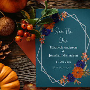 Rustic Autumn Orange Navy Blue Floral Wedding Save The Date