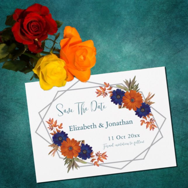 Rustic Autumn Orange Navy Blue Floral Wedding Save The Date (Creator Uploaded)