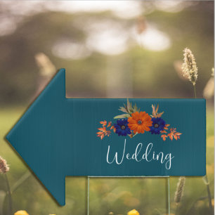 Rustic Autumn Orange Navy Blue Floral Wedding Sign