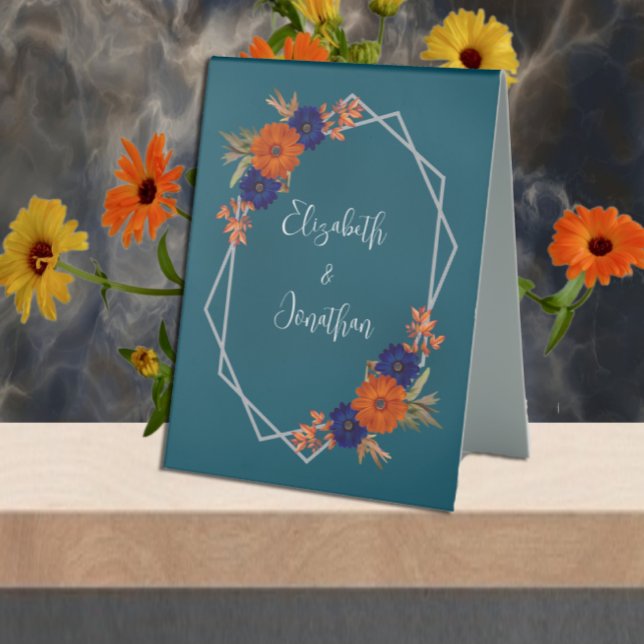 Rustic Autumn Orange Navy Blue Floral Wedding Table Tent (Creator Uploaded)