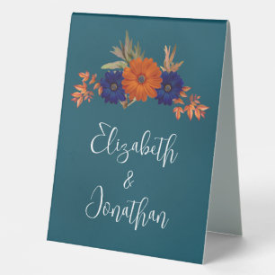 Rustic Autumn Orange Navy Blue Floral Wedding Table Tent