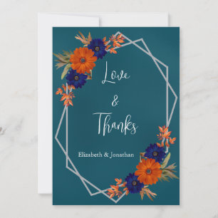 Rustic Autumn Orange Navy Blue Floral Wedding Thank You Card