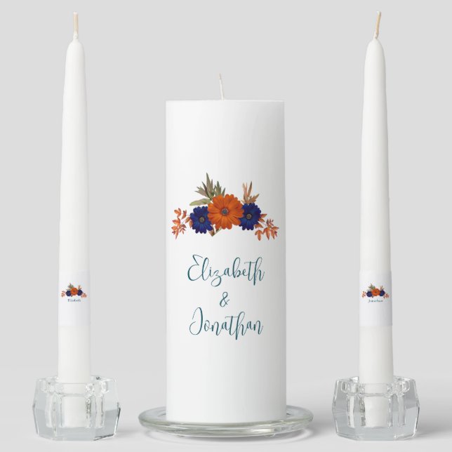 Rustic Autumn Orange Navy Blue Floral Wedding Unity Candle Set (Front)