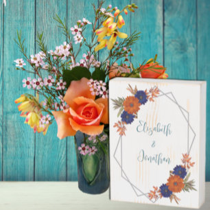 Rustic Autumn Orange Navy Blue Floral Wedding Wooden Box Sign