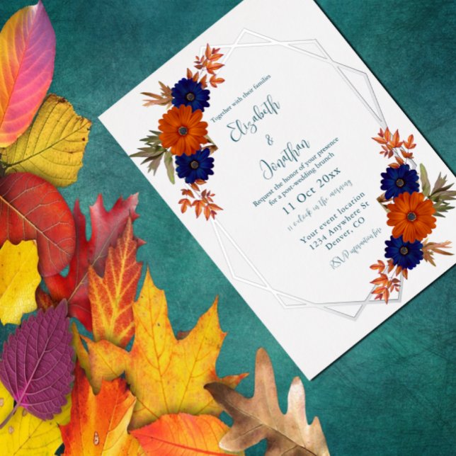 Rustic Autumn Orange Navy Blue Post-Wedding Brunch Foil Invitation (Creator Uploaded)