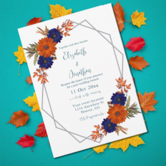 Rustic Autumn Orange Navy Blue Post-Wedding Brunch Invitation