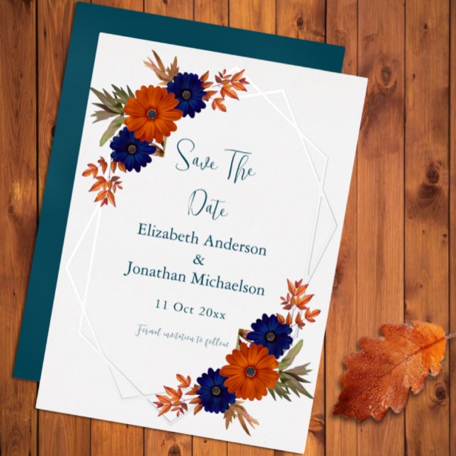 Rustic Autumn Orange Navy Blue Save The Date Foil Invitation (Creator Uploaded)