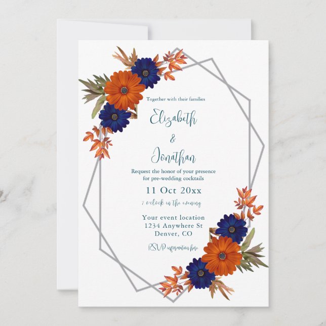 Rustic Autumn Orange Navy Blue Wedding Cocktails Invitation (Front)