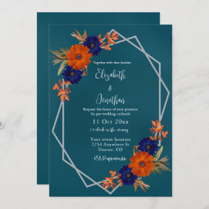 Rustic Autumn Orange Navy Blue Wedding Cocktails Invitation