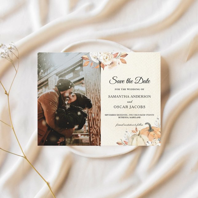 Rustic Autumn Orange Pumpkins & Flowers Announcement Postcard (Creator Uploaded)