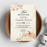 Rustic Autumn Orange Pumpkins & Flowers Invitation<br><div class="desc">Celebrate your daughter’s special day with this Rustic Fall Bat Mitzvah Invitation featuring watercolor pumpkins, cream roses, and autumn foliage. Designed with elegant script typography and a cozy rustic background, this invitation blends tradition with modern seasonal charm. Fully customizable with your child’s name, event details, and hosting family’s information. The...</div>