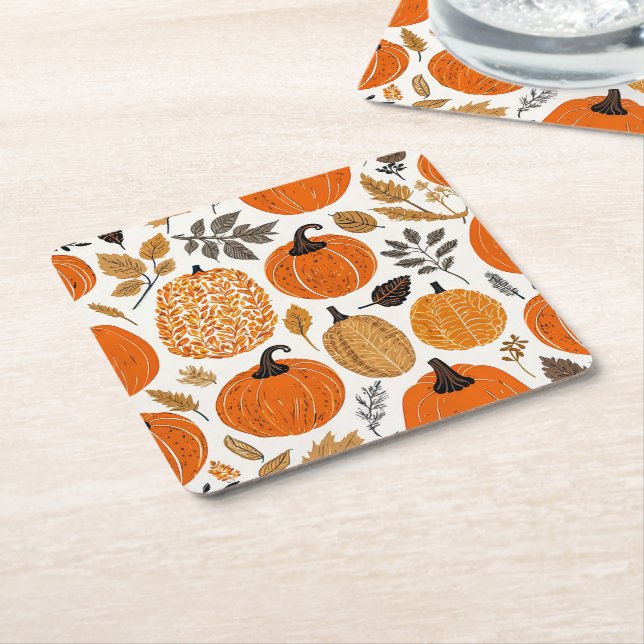 Rustic Autumn Orange Pumpkins Foliage Pattern Square Paper Coaster (Angled)