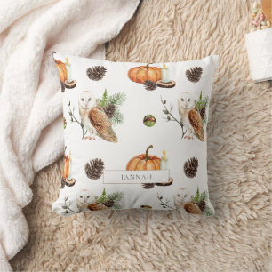 Rustic Autumn Owl Woodland Harvest Pattern Throw Pillow