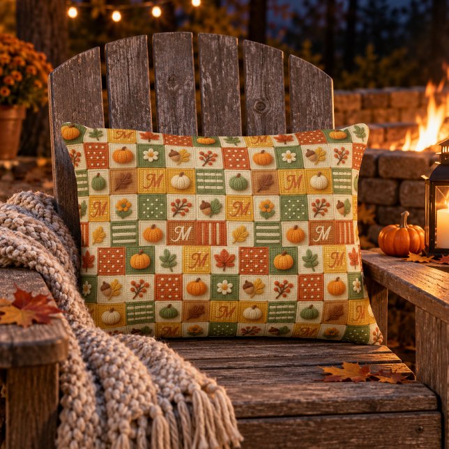 Rustic Autumn Patchwork Pumpkin Monogram Accent Pillow (Creator Uploaded)