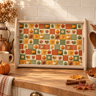 Rustic Autumn Patchwork Pumpkin Monogram Serving Tray