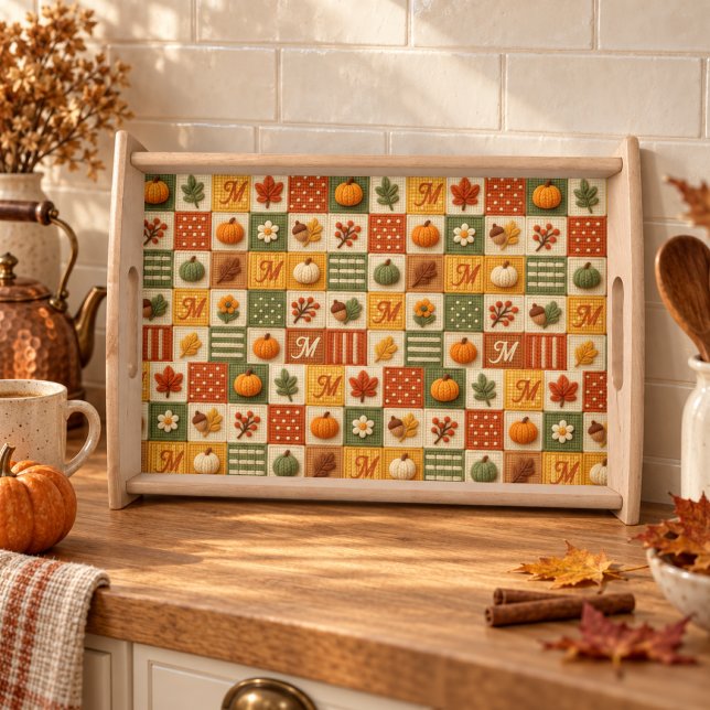 Rustic Autumn Patchwork Pumpkin Monogram Serving Tray (Creator Uploaded)