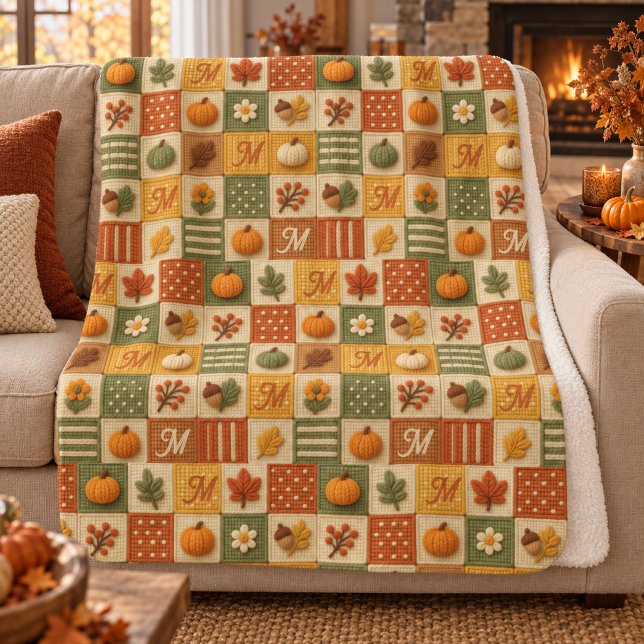 Rustic Autumn Patchwork Pumpkin Monogram Sherpa Blanket (Creator Uploaded)