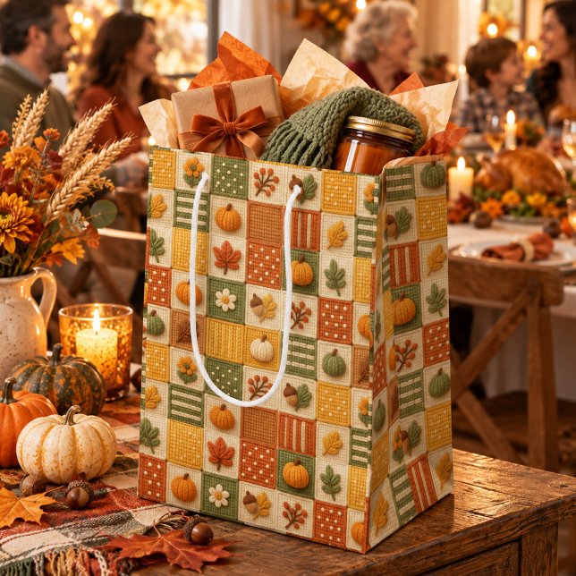 Rustic Autumn Patchwork Pumpkin Thanksgiving Medium Gift Bag (Creator Uploaded)