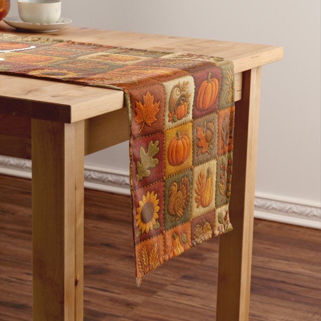 Rustic Autumn Patchwork with Thanksgiving Message Short Table Runner (In Situ)