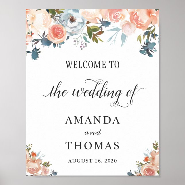 Rustic Autumn Peach Floral Wedding Welcome Sign (Front)